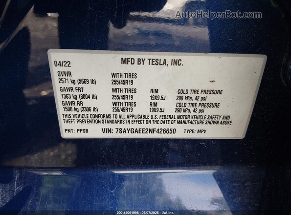 7SAYGAEE2NF426650 2022 TESLA MODEL Y Blue Շարժիչի բաժամունքի տեսք