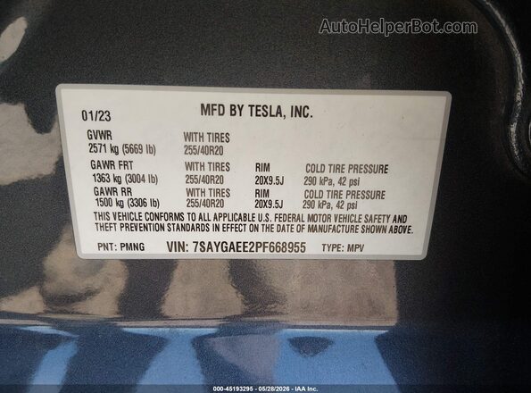 7SAYGAEE2PF668955 2023 TESLA MODEL Y Gray Շարժիչի բաժամունքի տեսք
