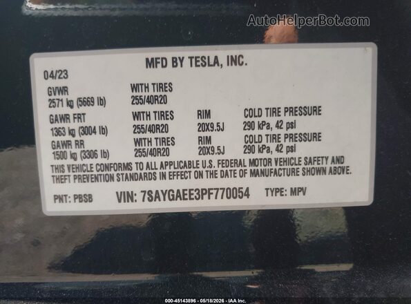 7SAYGAEE3PF770054 2023 TESLA MODEL Y Black Widok komory silnika