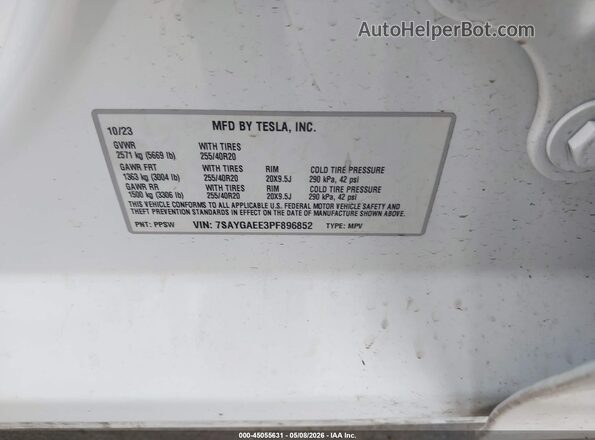 7SAYGAEE3PF896852 2023 TESLA MODEL Y Белый Вид подкапотного пространства