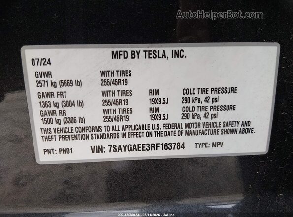 7SAYGAEE3RF163784 2024 TESLA MODEL Y Gray Շարժիչի բաժամունքի տեսք