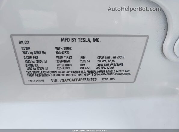 7SAYGAEE4PF864525 2023 TESLA MODEL Y Белый 