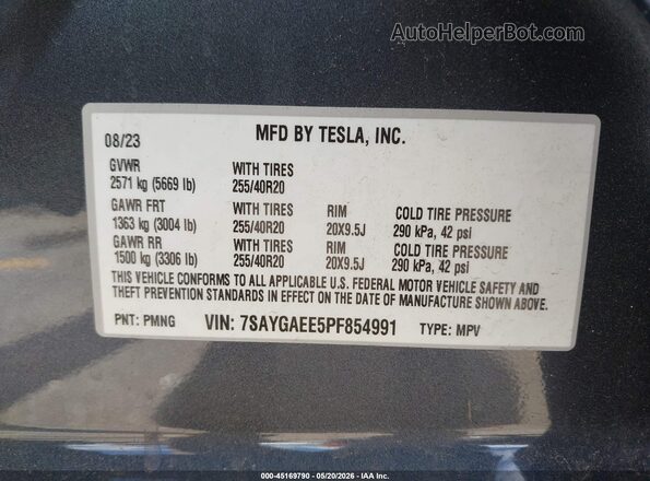7SAYGAEE5PF854991 2023 TESLA MODEL Y Gray ძრავის განყოფილების ხედი