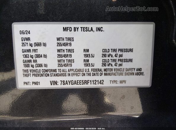 7SAYGAEE5RF112142 2024 TESLA MODEL Y Blue 