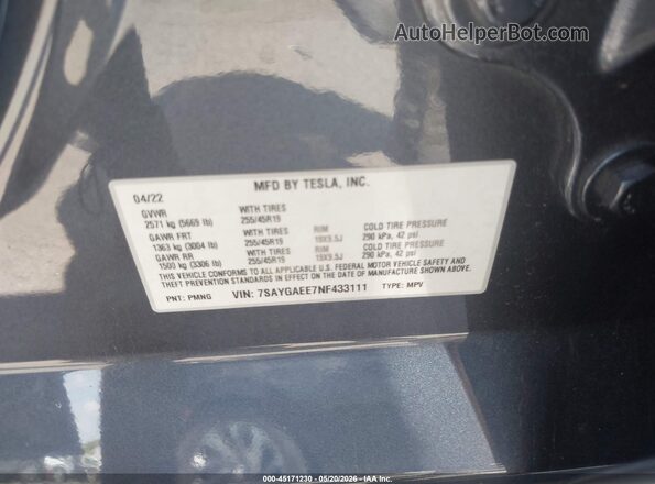 7SAYGAEE7NF433111 2022 TESLA MODEL Y Gray Vista del compartimento del motor