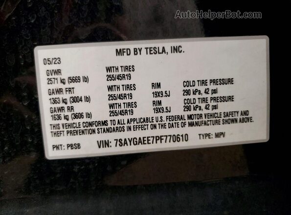 7SAYGAEE7PF770610 2023 TESLA MODEL Black Widok naklejki z numerem VIN