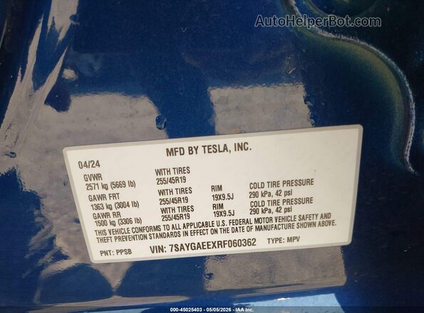 7SAYGAEEXRF060362 2024 TESLA MODEL Y Blue Vista del compartimento del motor