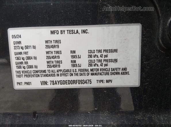 7SAYGDED0RF093475 2024 TESLA MODEL Y Black Engine compartment view