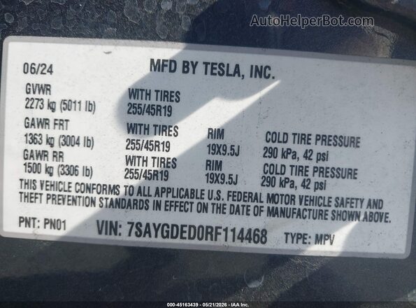 7SAYGDED0RF114468 2024 TESLA MODEL Y Gray Widok komory silnika