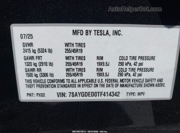 7SAYGDED0TF414342 2026 TESLA MODEL Y Черный Вид подкапотного пространства