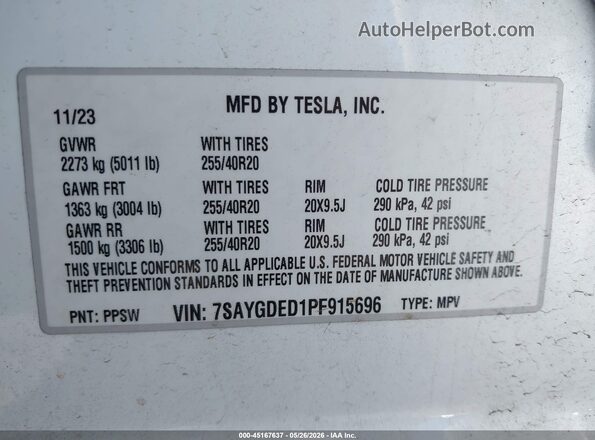 7SAYGDED1PF915696 2023 TESLA MODEL Y White ძრავის განყოფილების ხედი