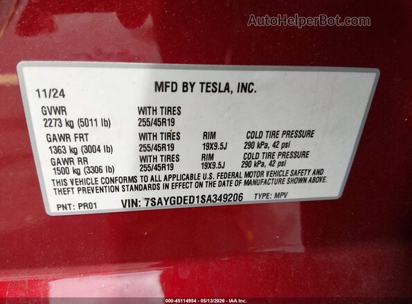 7SAYGDED1SA349206 2025 TESLA MODEL Y Красный Вид подкапотного пространства