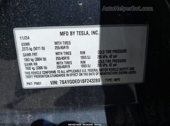 7SAYGDED1SF243289 2025 TESLA MODEL Y Черный Вид подкапотного пространства