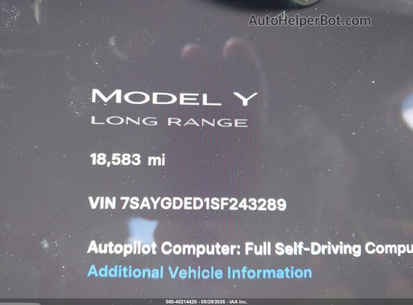 7SAYGDED1SF243289 2025 TESLA MODEL Y Черный Панорамный вид салона 360°
