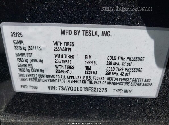 7SAYGDED1SF321375 2025 TESLA MODEL Y Black Engine compartment view