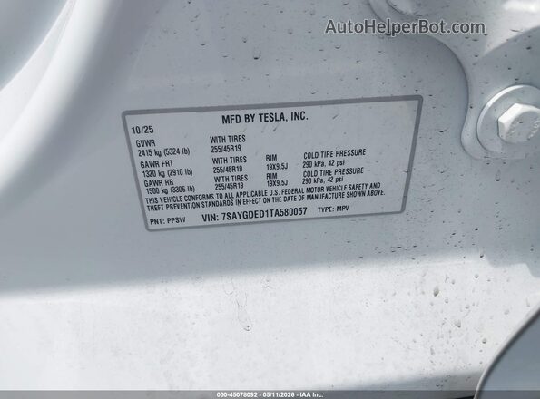 7SAYGDED1TA580057 2026 TESLA MODEL Y White Շարժիչի բաժամունքի տեսք