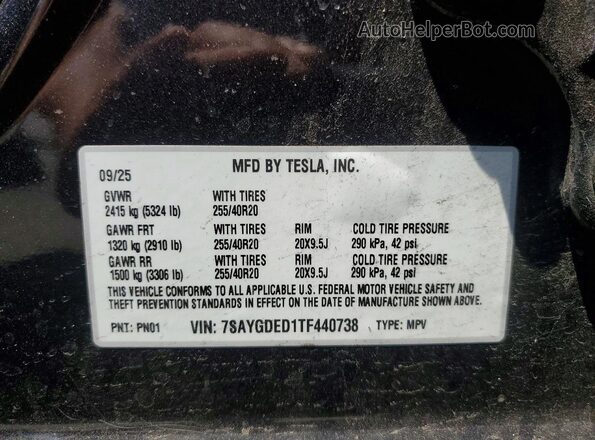 7SAYGDED1TF440738 2026 TESLA MODEL Charcoal Widok naklejki z numerem VIN