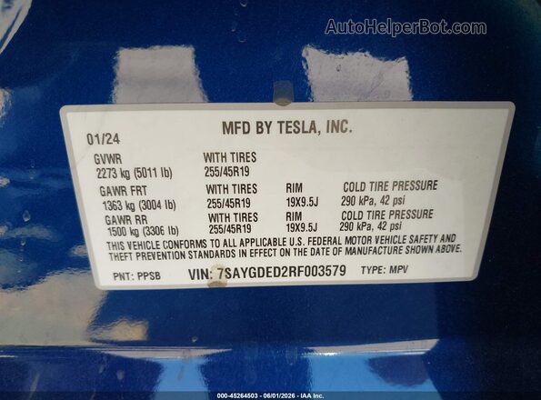 7SAYGDED2RF003579 2024 TESLA MODEL Y Blue Շարժիչի բաժամունքի տեսք