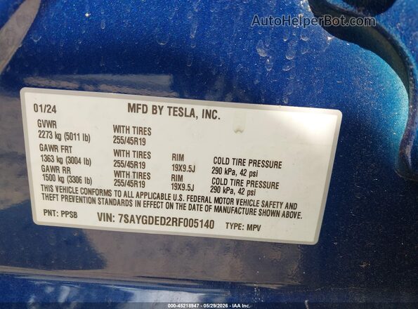 7SAYGDED2RF005140 2024 TESLA MODEL Y Blue Вид підкапотного простору