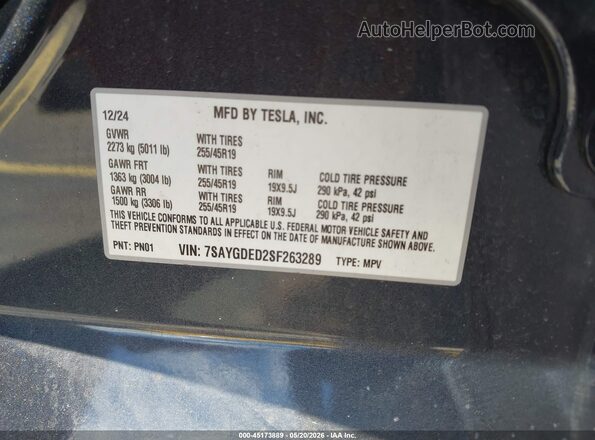 7SAYGDED2SF263289 2025 TESLA MODEL Y Gray 