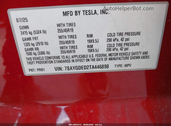 7SAYGDED2TA446898 2026 TESLA MODEL Y Burgundy ძრავის განყოფილების ხედი