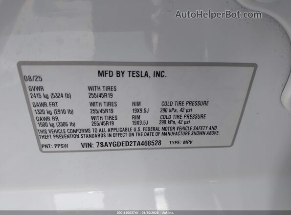 7SAYGDED2TA468528 2026 TESLA MODEL Y White 