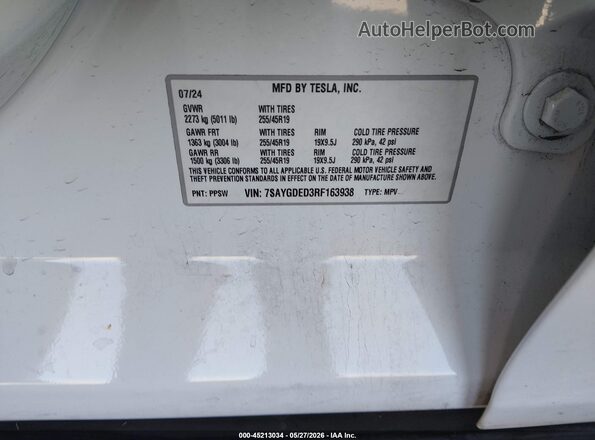 7SAYGDED3RF163938 2024 TESLA MODEL Y White Вид підкапотного простору