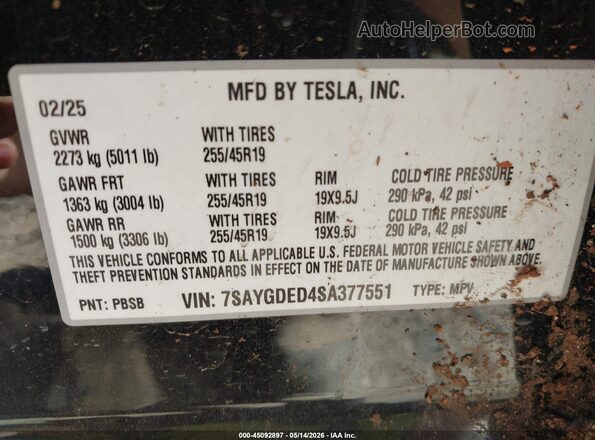 7SAYGDED4SA377551 2025 TESLA MODEL Y Gray Vista del compartimento del motor
