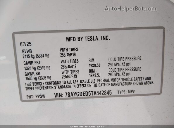 7SAYGDED5TA442845 2026 TESLA MODEL Y White ძრავის განყოფილების ხედი