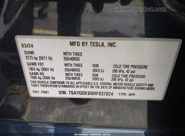 7SAYGDED6RF037024 2024 TESLA MODEL Y Gray 