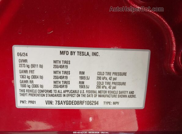 7SAYGDED8RF106294 2024 TESLA MODEL Y Red Widok komory silnika