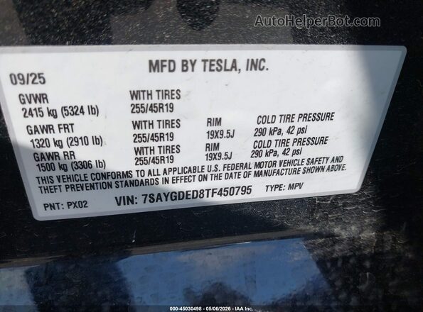 7SAYGDED8TF450795 2026 TESLA MODEL Y Black Շարժիչի բաժամունքի տեսք