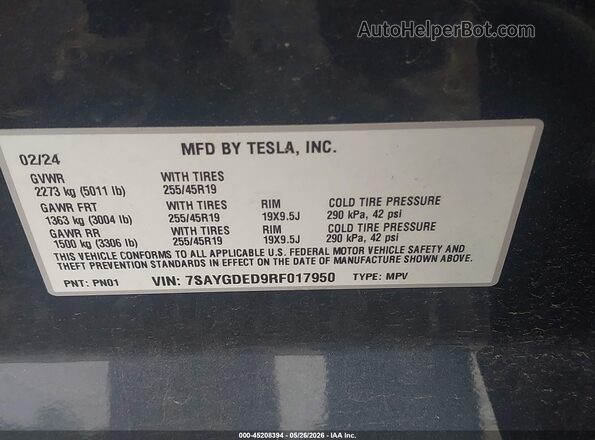 7SAYGDED9RF017950 2024 TESLA MODEL Y Gray Вид підкапотного простору