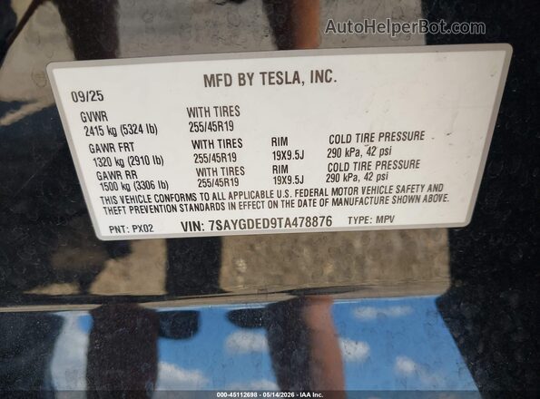7SAYGDED9TA478876 2026 TESLA MODEL Y Черный Вид подкапотного пространства