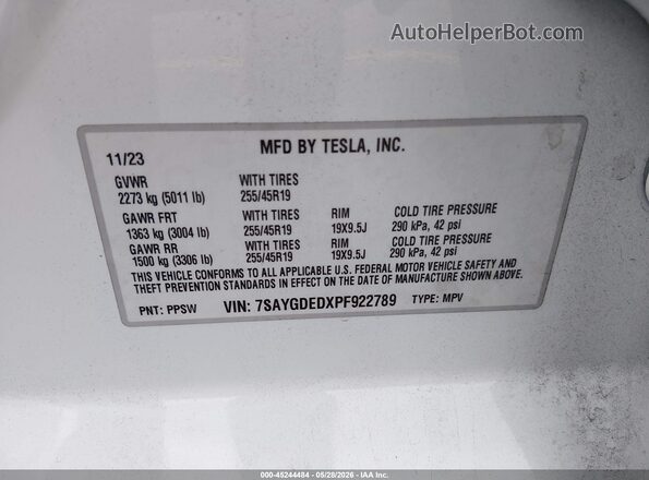 7SAYGDEDXPF922789 2023 TESLA MODEL Y White Շարժիչի բաժամունքի տեսք