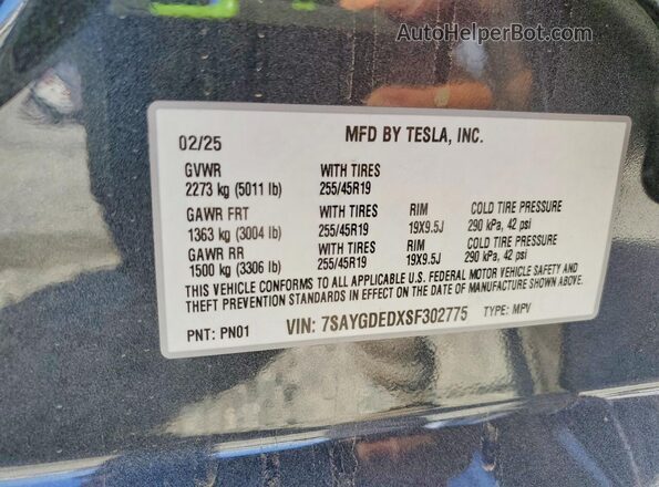 7SAYGDEDXSF302775 2025 TESLA MODEL Черный Вид наклейки с VIN-кодом