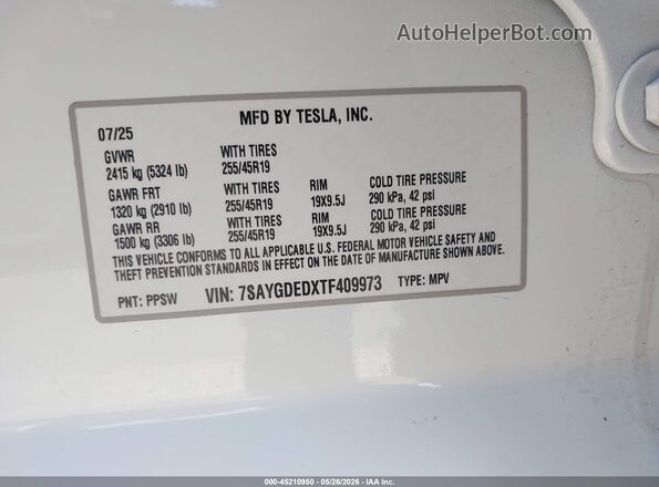 7SAYGDEDXTF409973 2026 TESLA MODEL Y White Engine compartment view