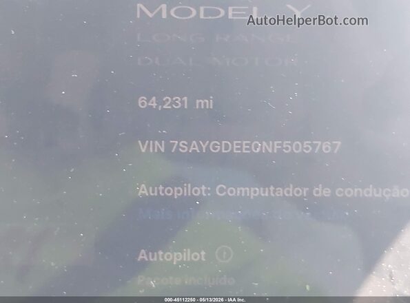 7SAYGDEE0NF505767 2022 TESLA MODEL Y Синий Панорамный вид салона 360°