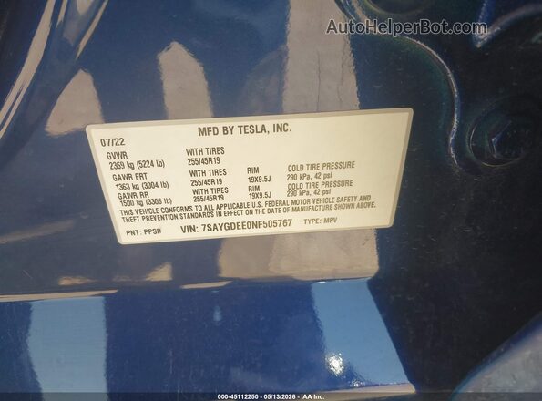 7SAYGDEE0NF505767 2022 TESLA MODEL Y Синий Вид подкапотного пространства