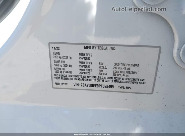 7SAYGDEE0PF598499 2023 TESLA MODEL Y White Engine compartment view