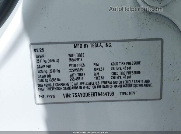 7SAYGDEE0TA484199 2026 TESLA MODEL Y Белый Вид подкапотного пространства