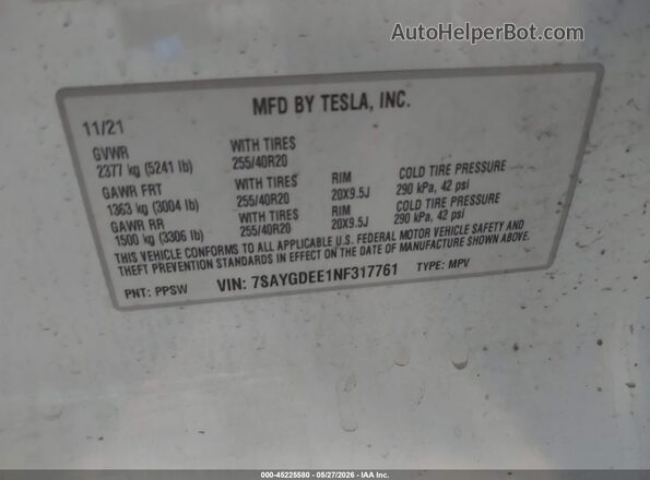 7SAYGDEE1NF317761 2022 TESLA MODEL Y White ძრავის განყოფილების ხედი