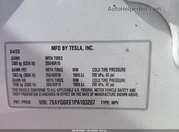 7SAYGDEE1PA103207 2023 TESLA MODEL Y White Շարժիչի բաժամունքի տեսք