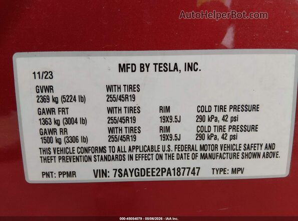 7SAYGDEE2PA187747 2023 TESLA MODEL Y Red Engine compartment view