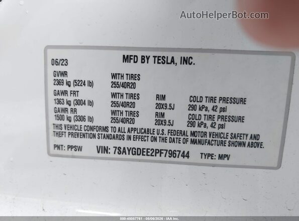 7SAYGDEE2PF796744 2023 TESLA MODEL Y White Вид підкапотного простору