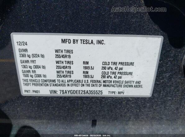 7SAYGDEE2SA355525 2025 TESLA MODEL Y Черный Вид подкапотного пространства