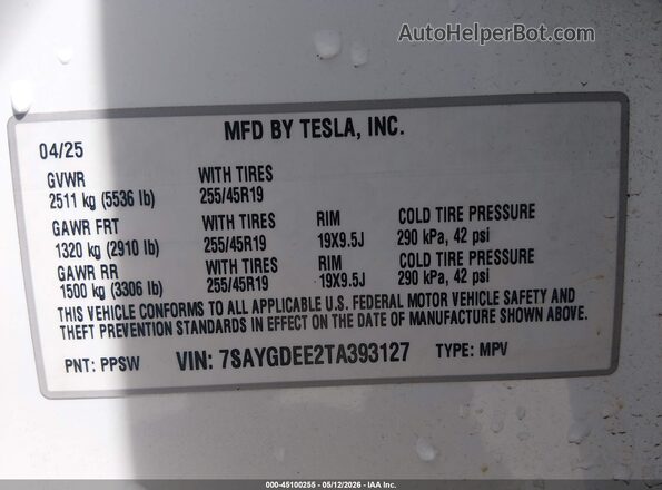 7SAYGDEE2TA393127 2026 TESLA MODEL Y White 