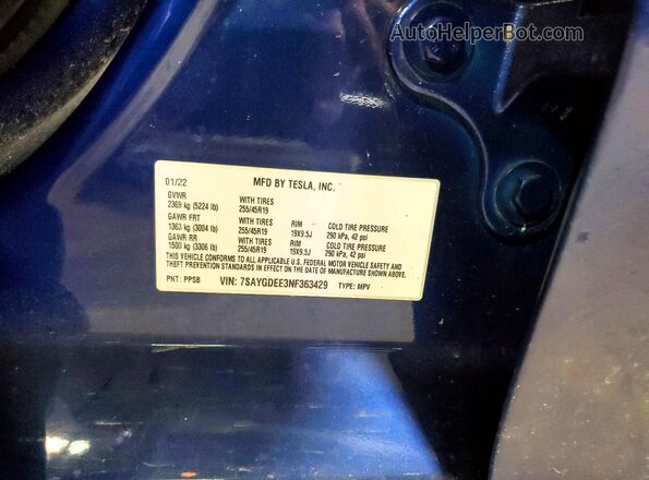 7SAYGDEE3NF363429 2022 TESLA MODEL Blue Widok komory silnika