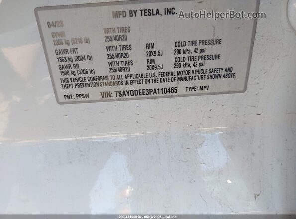 7SAYGDEE3PA110465 2023 TESLA MODEL Y White 