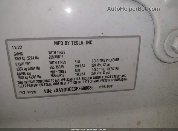 7SAYGDEE3PF608085 2023 TESLA MODEL Y White Շարժիչի բաժամունքի տեսք